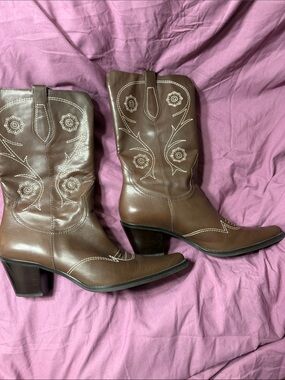 Franco Sarto Brown Leather Western Mid-Calf Heeled Boots